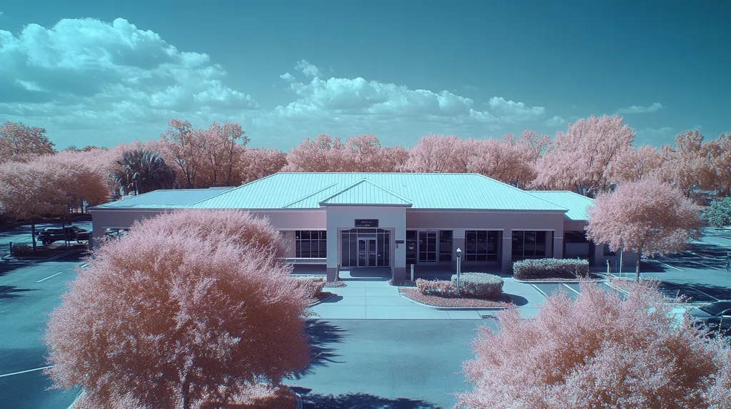 A commercial roof on a bank in a location similar to Orlando with an infrared photography aesthetic (AI image)