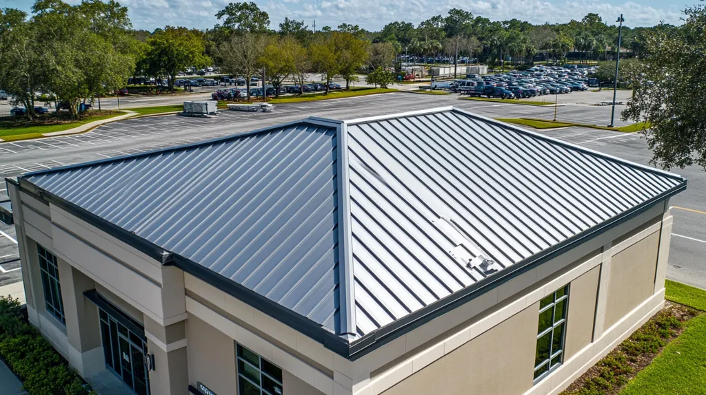 A commercial roof on a bank in a location similar to Orlando with a stainless steel aesthetic (AI image)