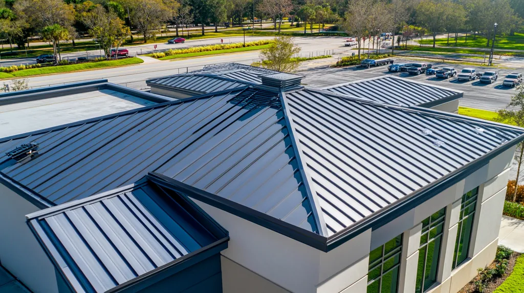 A commercial roof on a bank in a location similar to Orlando with a stainless steel aesthetic (AI image)