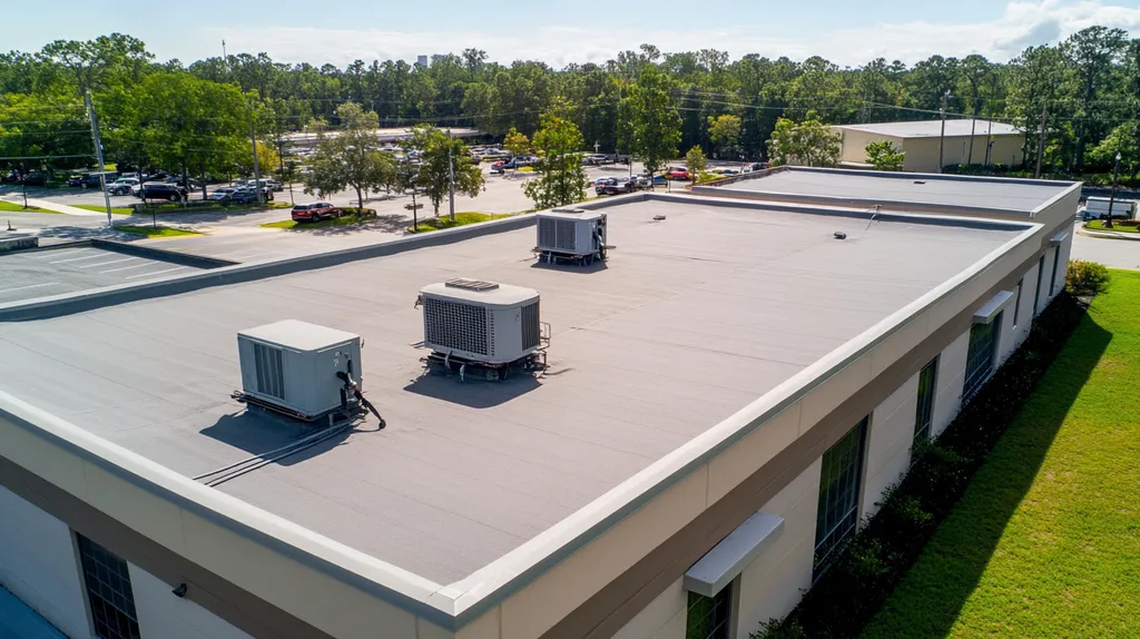 A commercial roof on a bank in a location similar to Orlando with an urban context aesthetic (AI image)