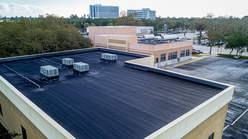 A commercial roof on a bank in a location similar to Orlando with an urban context aesthetic (AI image)