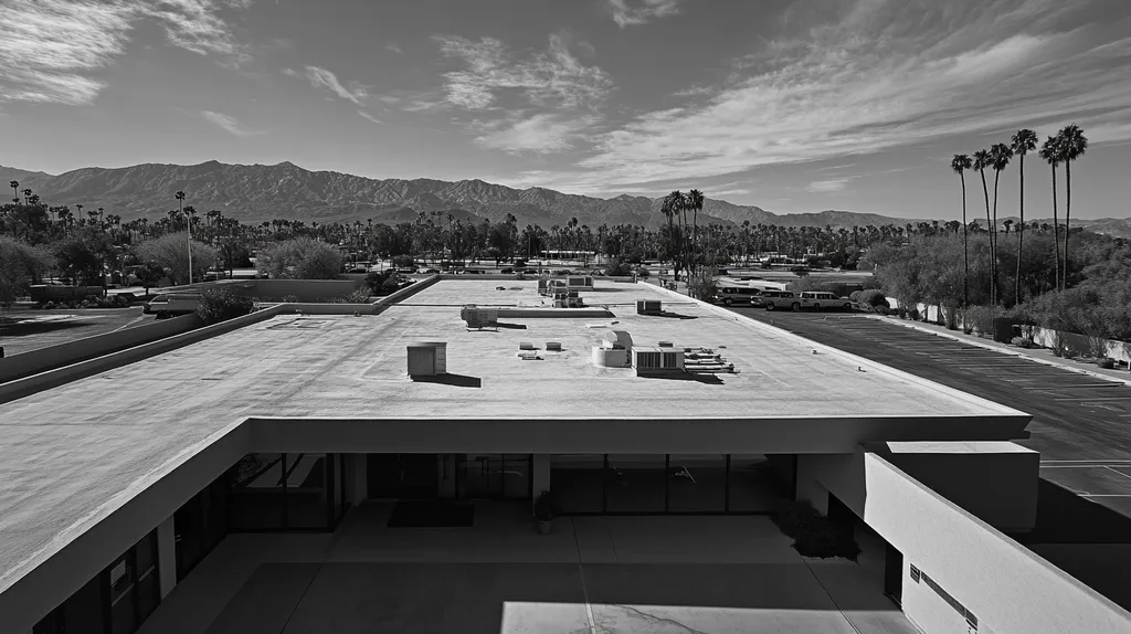 A commercial roof on a bank in a location similar to Palm Springs with a black and white photography aesthetic (AI image)