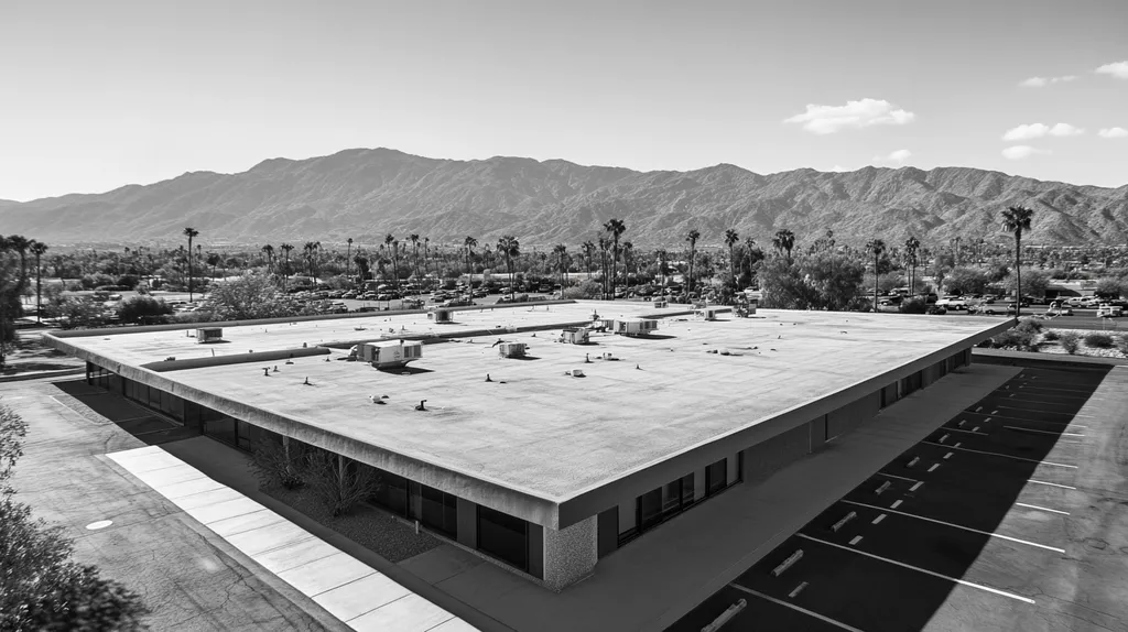 A commercial roof on a bank in a location similar to Palm Springs with a black and white photography aesthetic (AI image)