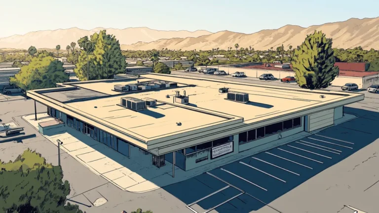 A commercial roof on a bank in a location similar to Palm Springs with a comic book style aesthetic (AI image)