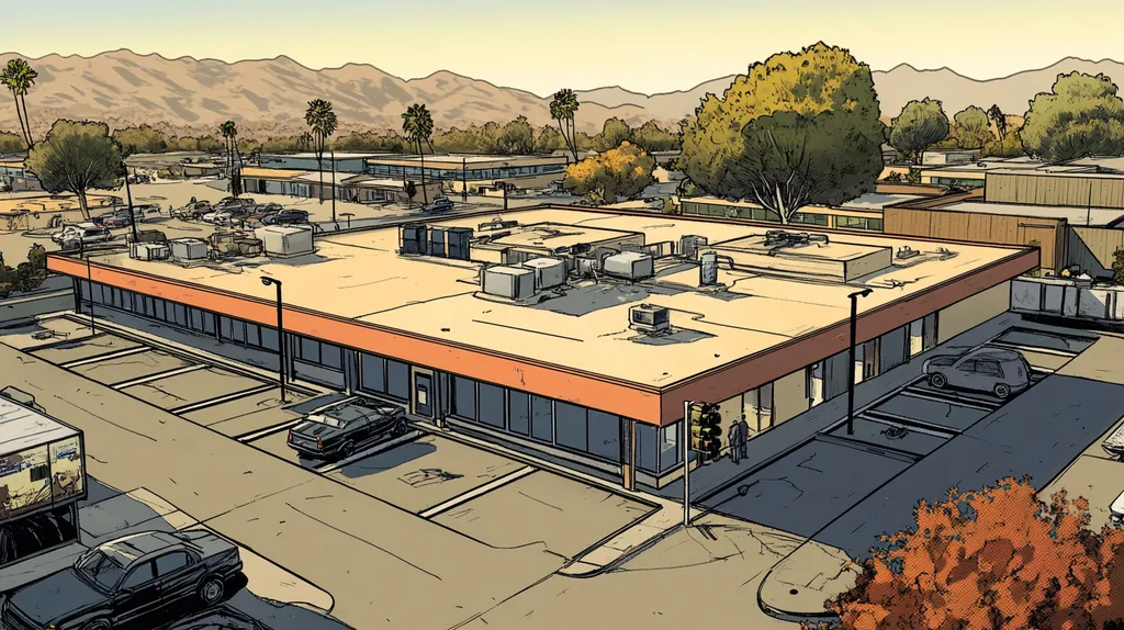 A commercial roof on a bank in a location similar to Palm Springs with a comic book style aesthetic (AI image)