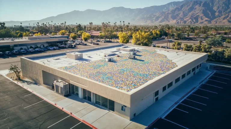 A commercial roof on a bank in a location similar to Palm Springs with a mosaic tile art aesthetic (AI image)