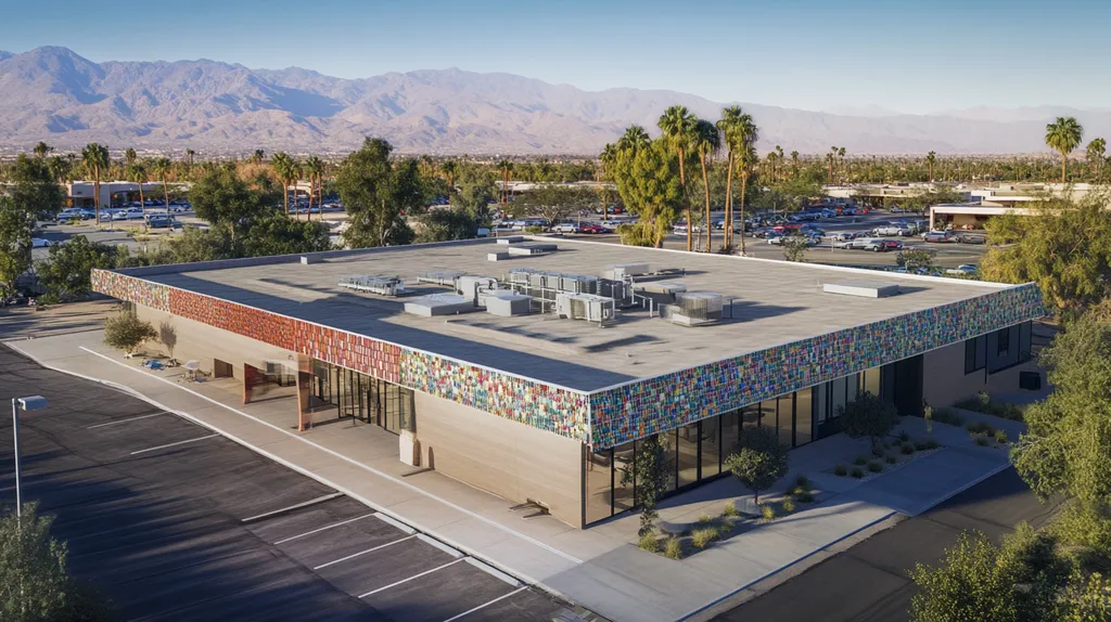A commercial roof on a bank in a location similar to Palm Springs with a mosaic tile art aesthetic (AI image)