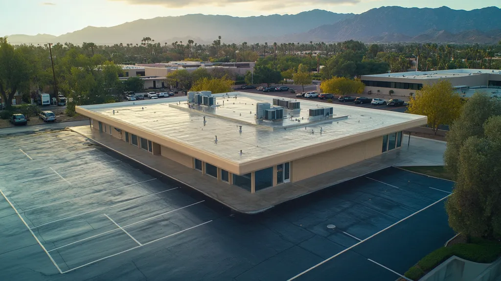 A commercial roof on a bank in a location similar to Palm Springs with a rainy day aesthetic (AI image)