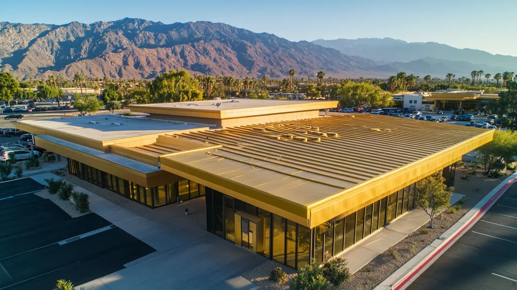 A commercial roof on a bank in a location similar to Palm Springs with a solid gold aesthetic (AI image)