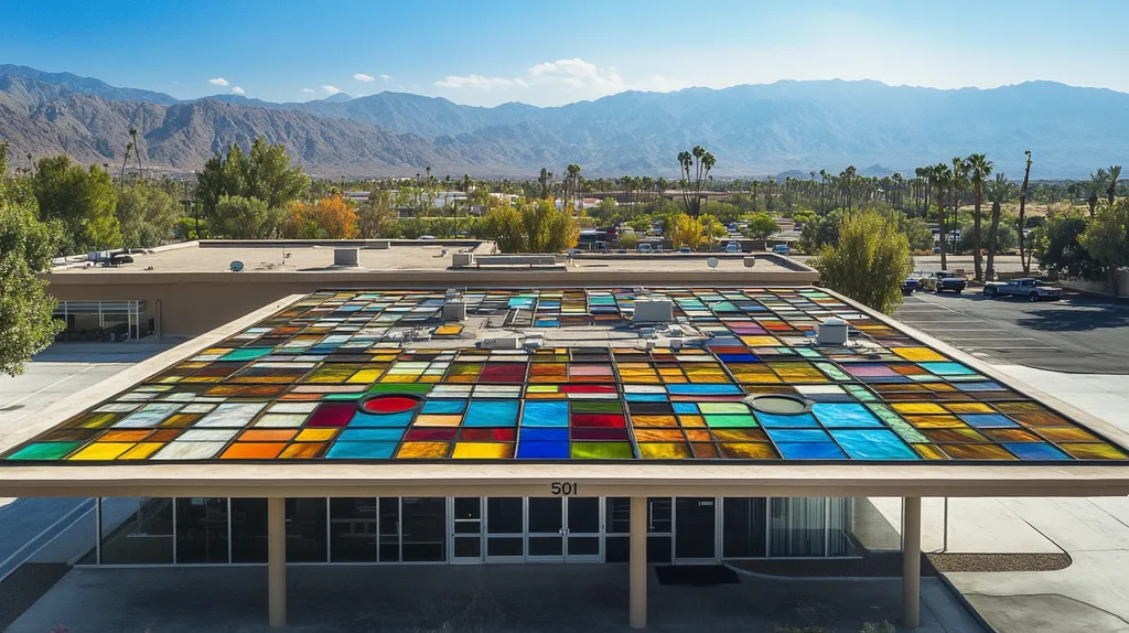A commercial roof on a bank in a location similar to Palm Springs with a stained glass style aesthetic (AI image)