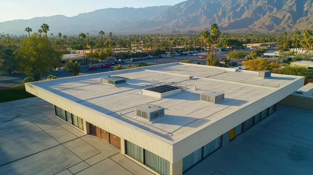 A commercial roof on a bank in a location similar to Palm Springs with an urban context aesthetic (AI image)
