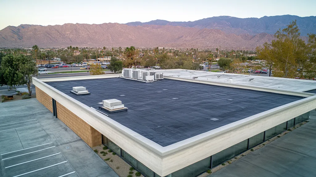A commercial roof on a bank in a location similar to Palm Springs with an urban context aesthetic (AI image)