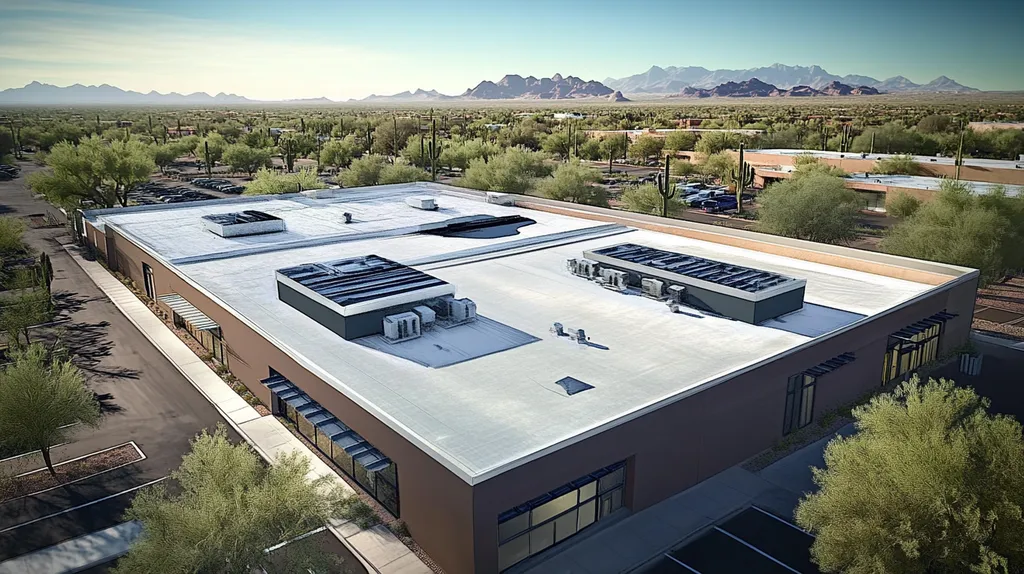 A commercial roof on a bank in a location similar to Phoenix with a comic book style aesthetic (AI image)