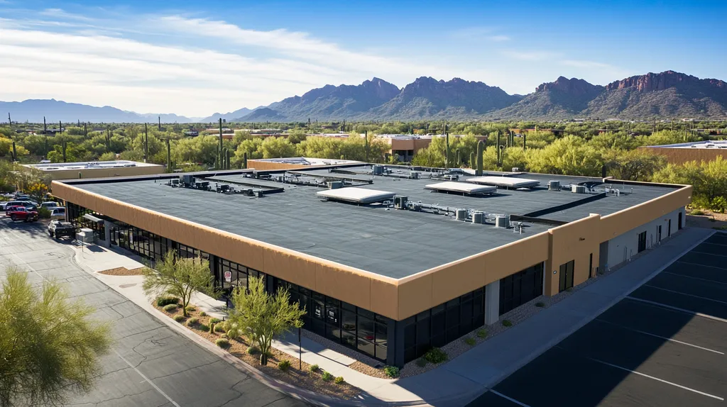 A commercial roof on a bank in a location similar to Phoenix with a comic book style aesthetic (AI image)