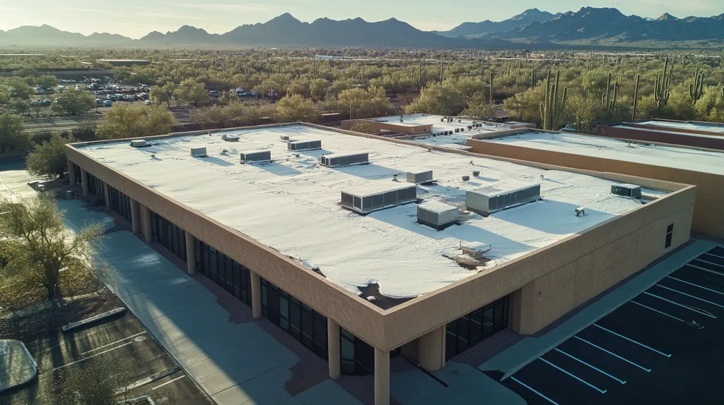 A commercial roof on a bank in a location similar to Phoenix with a snowy day aesthetic (AI image)