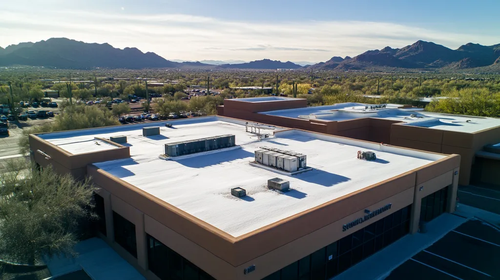 A commercial roof on a bank in a location similar to Phoenix with a snowy day aesthetic (AI image)