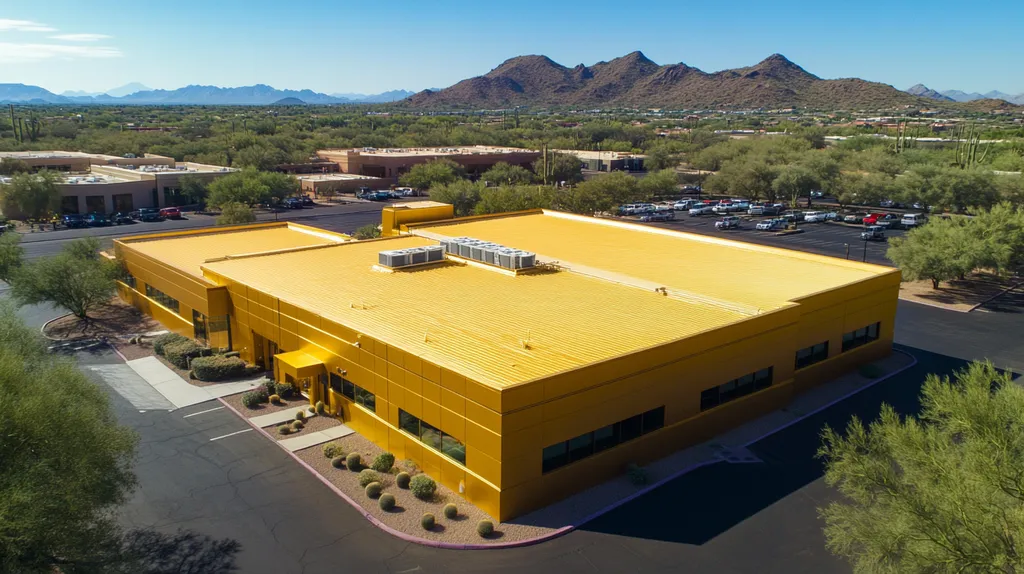 A commercial roof on a bank in a location similar to Phoenix with a solid gold aesthetic (AI image)