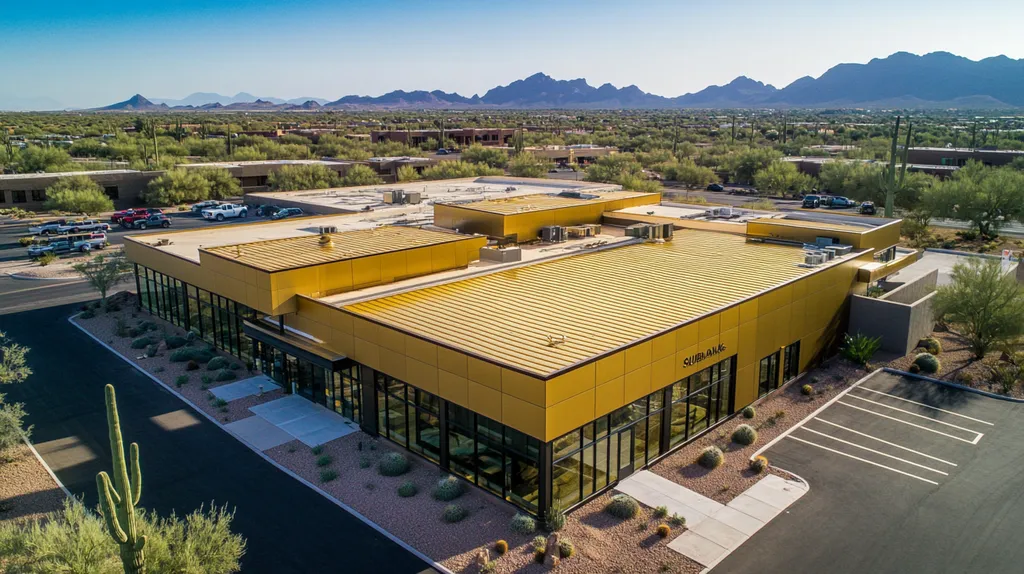 A commercial roof on a bank in a location similar to Phoenix with a solid gold aesthetic (AI image)