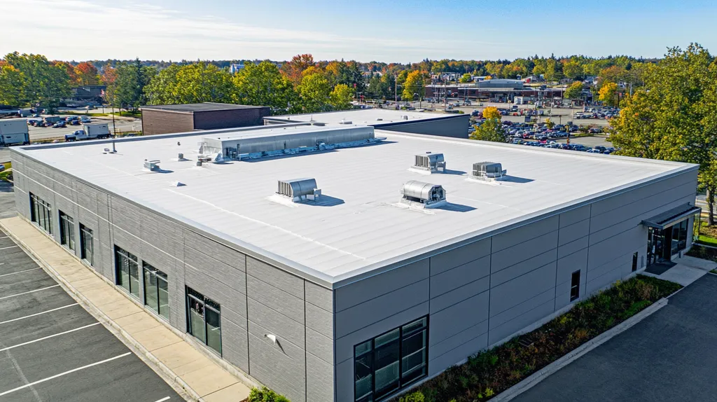 A commercial roof on a bank in a location similar to Portland, Maine with an architectural photography aesthetic (AI image)