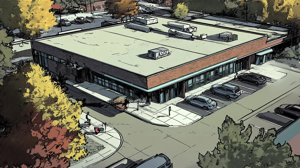 A commercial roof on a bank in a location similar to Portland, Maine with a comic book style aesthetic (AI image)
