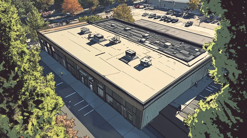 A commercial roof on a bank in a location similar to Portland, Maine with a comic book style aesthetic (AI image)