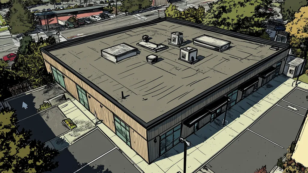 A commercial roof on a bank in a location similar to Portland, Maine with a comic book style aesthetic (AI image)