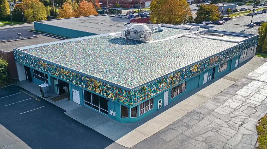 A commercial roof on a bank in a location similar to Portland, Maine with a mosaic tile art aesthetic (AI image)