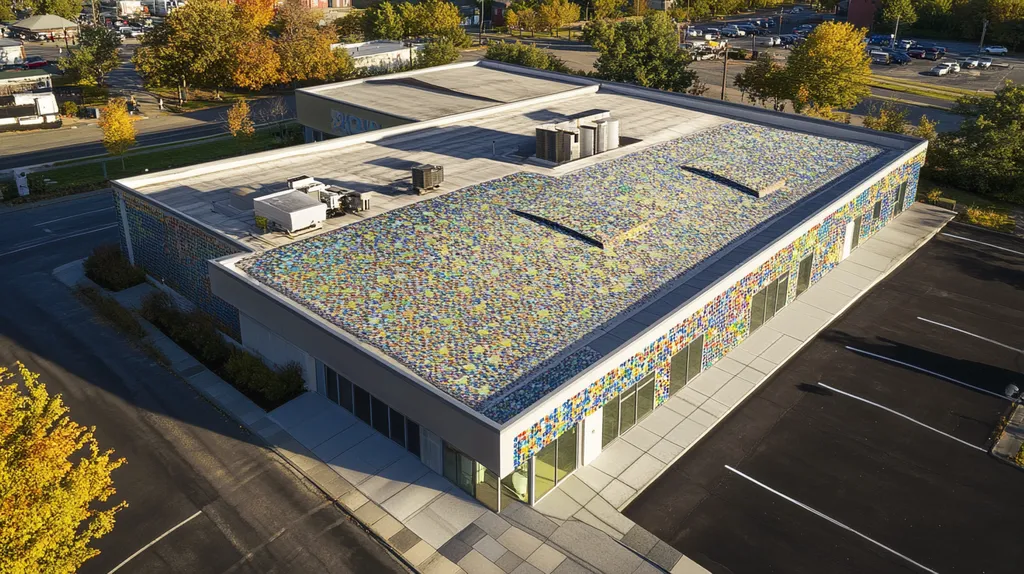 A commercial roof on a bank in a location similar to Portland, Maine with a mosaic tile art aesthetic (AI image)