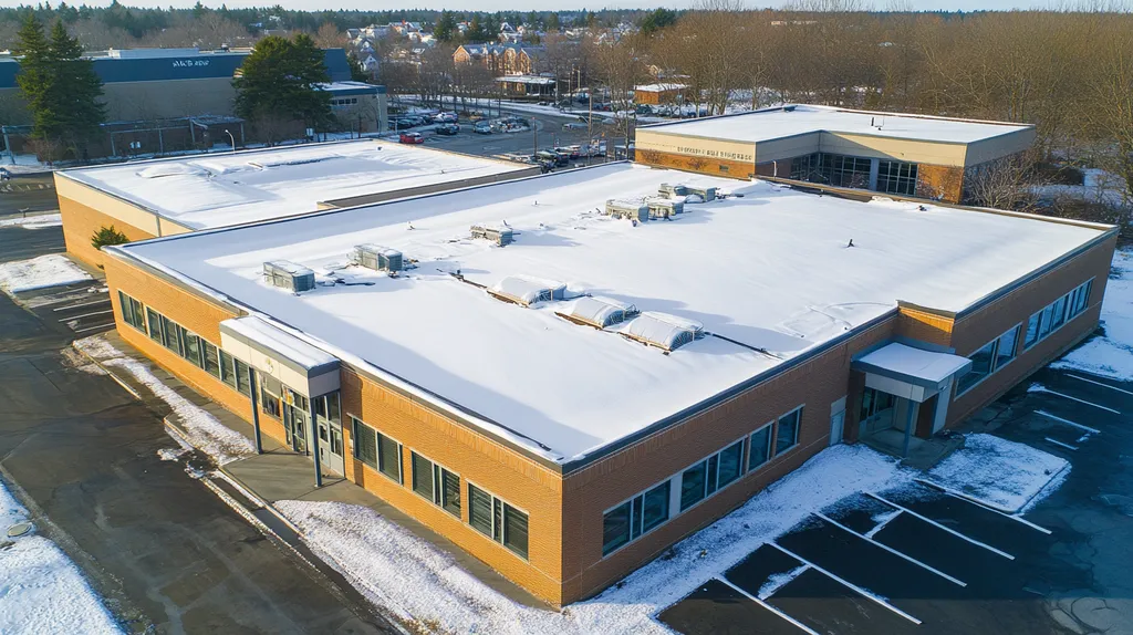 A commercial roof on a bank in a location similar to Portland, Maine with a snowy day aesthetic (AI image)