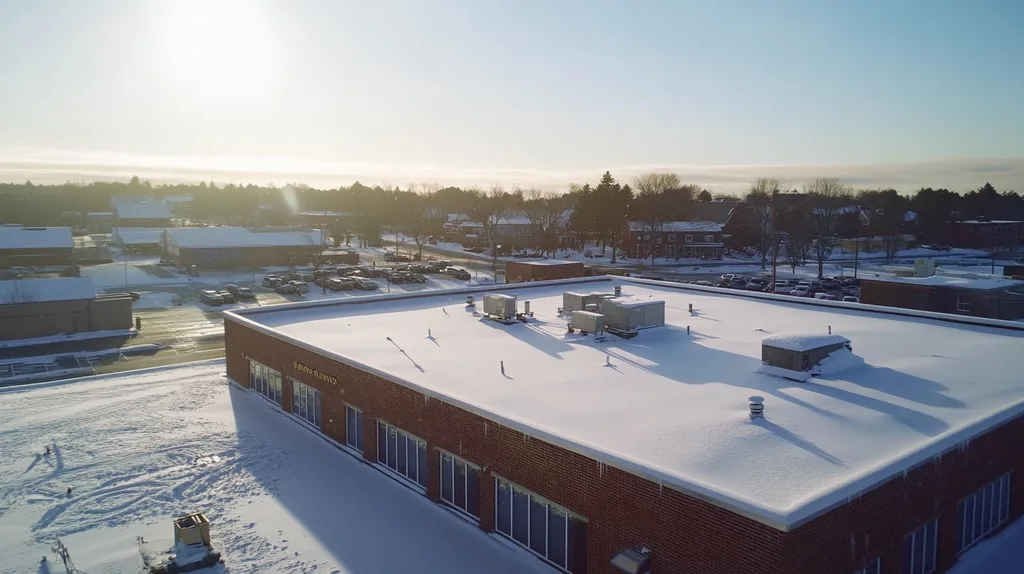 A commercial roof on a bank in a location similar to Portland, Maine with a snowy day aesthetic (AI image)