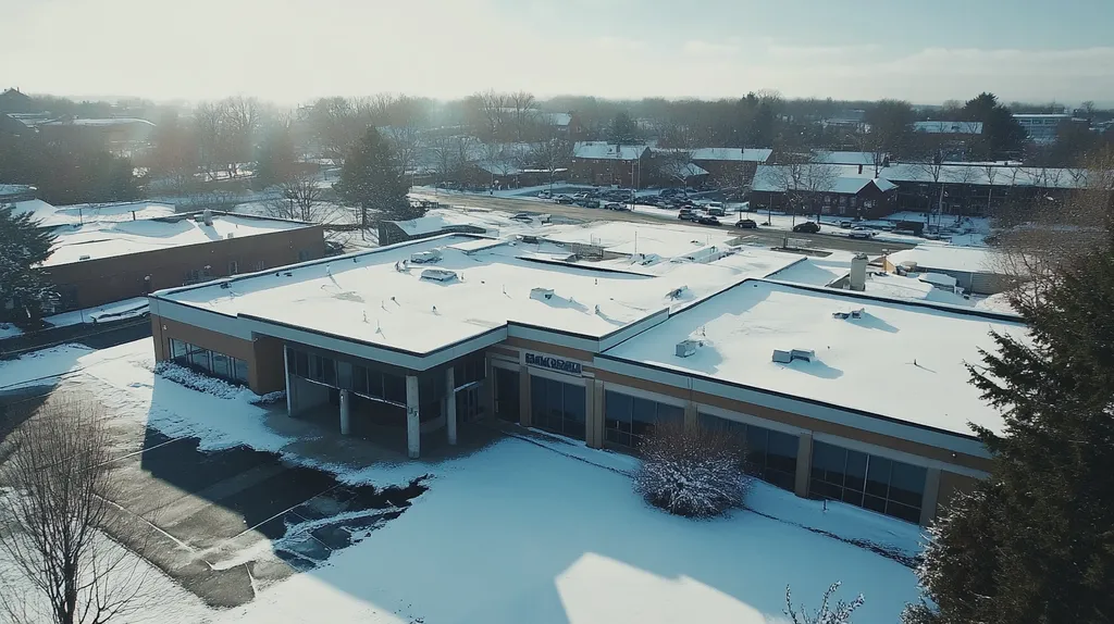 A commercial roof on a bank in a location similar to Portland, Maine with a snowy day aesthetic (AI image)