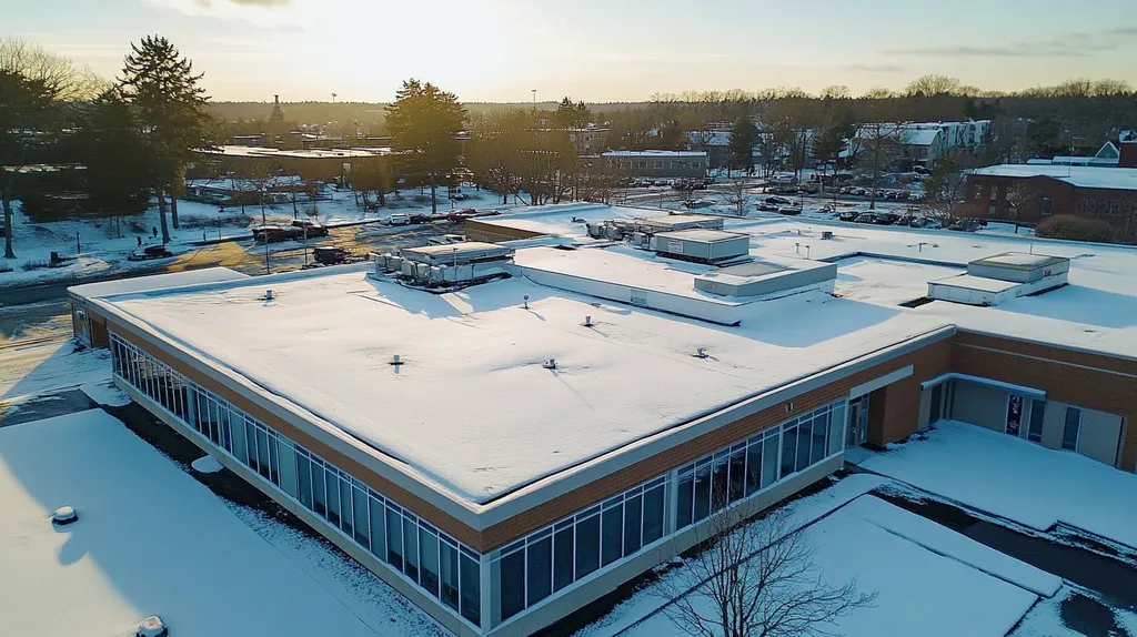 A commercial roof on a bank in a location similar to Portland, Maine with a snowy day aesthetic (AI image)