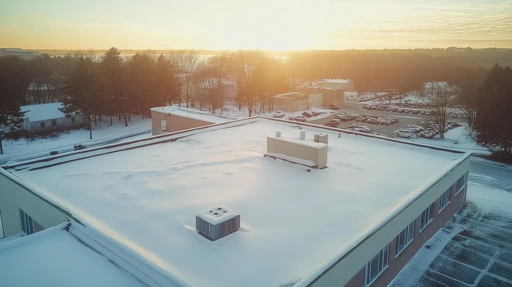 A commercial roof on a bank in a location similar to Portland, Maine with a snowy day aesthetic (AI image)