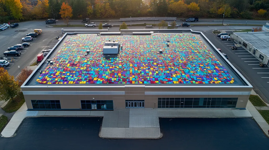 A commercial roof on a bank in a location similar to Portland, Maine with a stained glass style aesthetic (AI image)