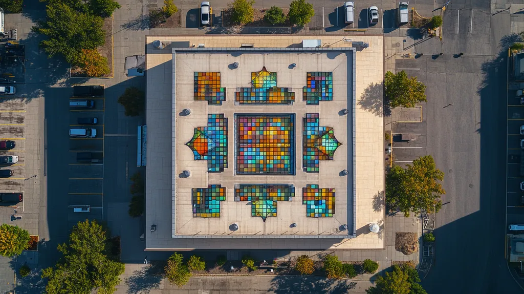 A commercial roof on a bank in a location similar to Portland, Maine with a stained glass style aesthetic (AI image)