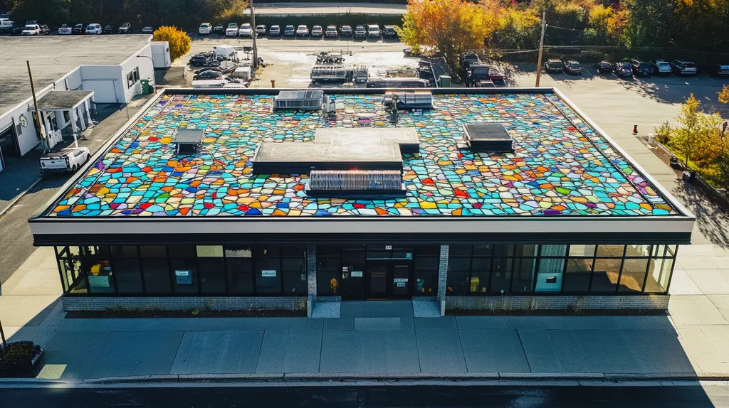A commercial roof on a bank in a location similar to Portland, Maine with a stained glass style aesthetic (AI image)