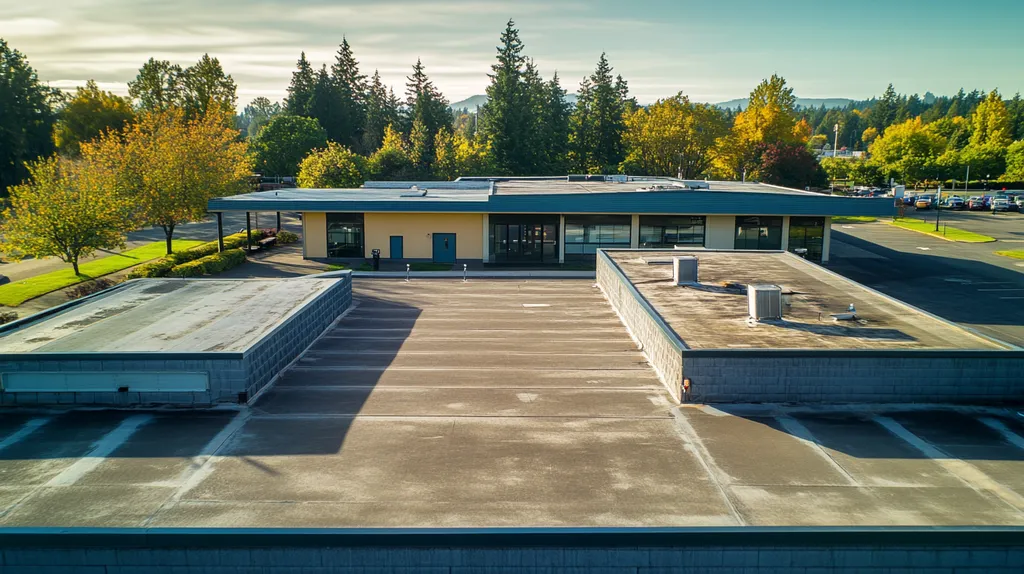 A commercial roof on a bank in a location similar to Portland with a cross-processed look aesthetic (AI image)