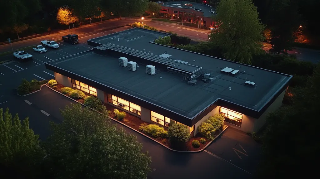A commercial roof on a bank in a location similar to Portland with an illuminated nightscape aesthetic (AI image)