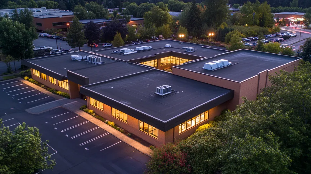 A commercial roof on a bank in a location similar to Portland with an illuminated nightscape aesthetic (AI image)