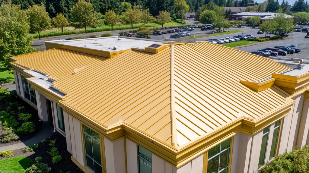 A commercial roof on a bank in a location similar to Portland with a solid gold aesthetic (AI image)