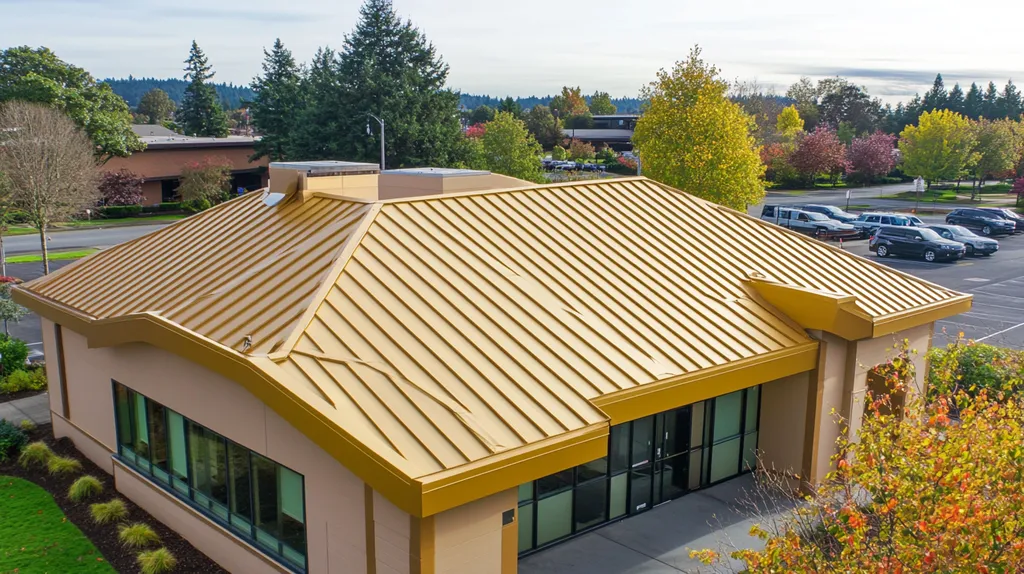 A commercial roof on a bank in a location similar to Portland with a solid gold aesthetic (AI image)