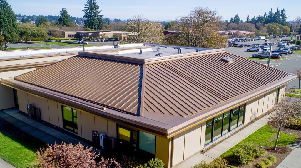 A commercial roof on a bank in a location similar to Portland with a solid gold aesthetic (AI image)