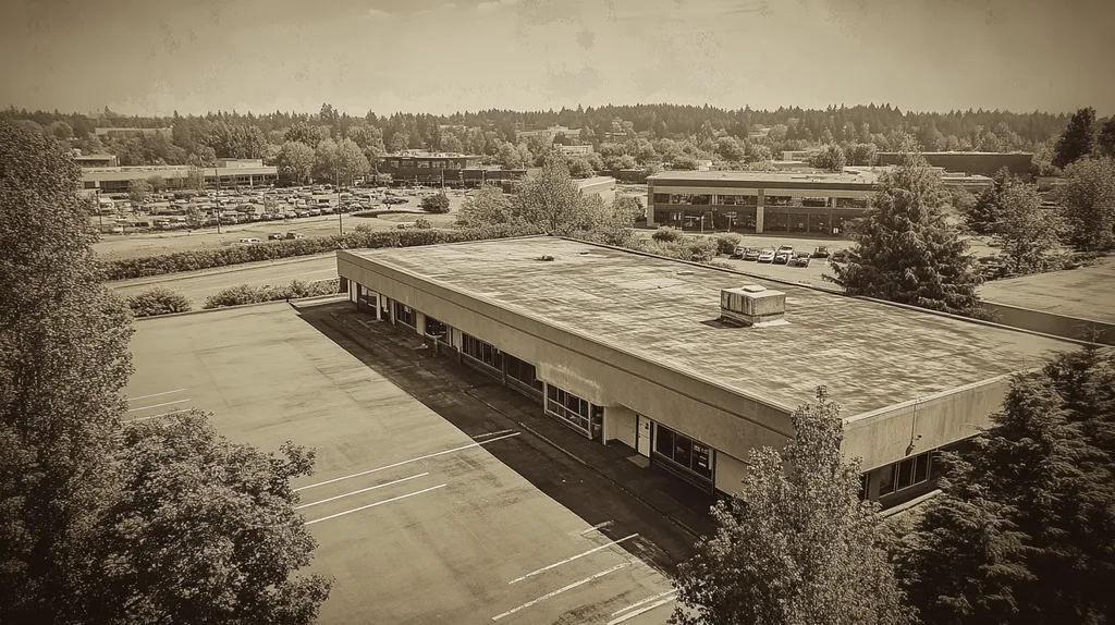 A commercial roof on a bank in a location similar to Portland with a tintype aesthetic (AI image)
