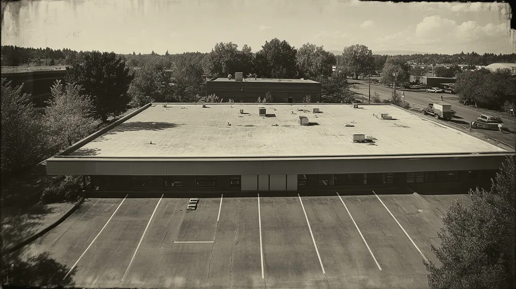 A commercial roof on a bank in a location similar to Portland with a tintype aesthetic (AI image)