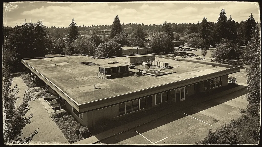 A commercial roof on a bank in a location similar to Portland with a tintype aesthetic (AI image)