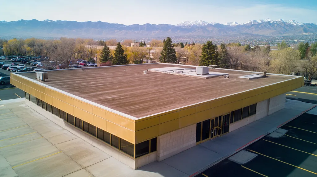 A commercial roof on a bank in a location similar to Salt Lake City with a solid gold aesthetic (AI image)