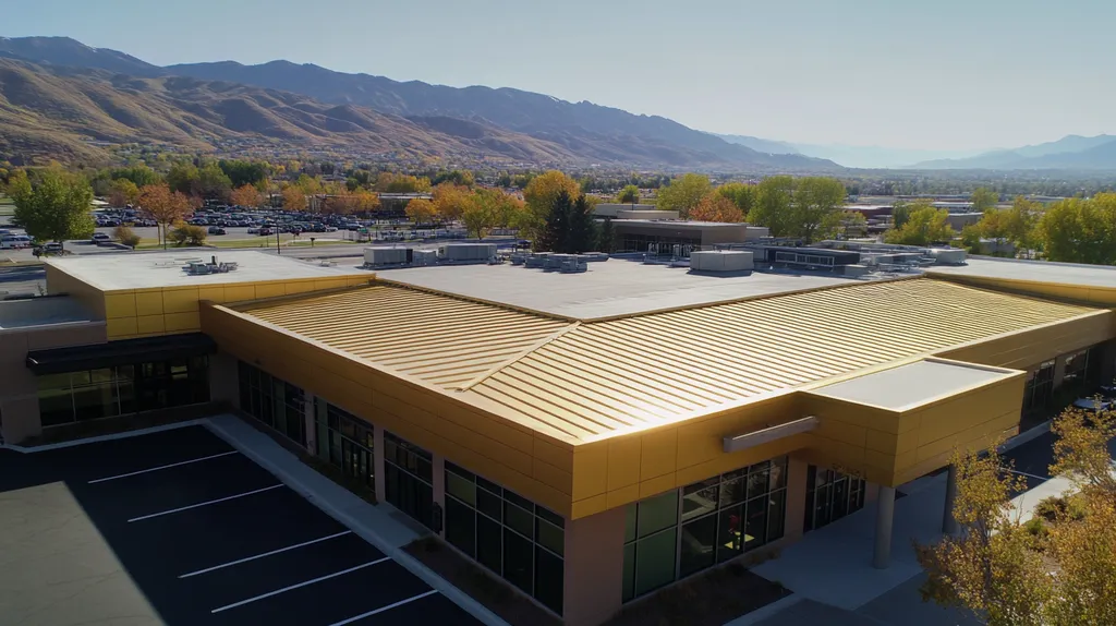 A commercial roof on a bank in a location similar to Salt Lake City with a solid gold aesthetic (AI image)