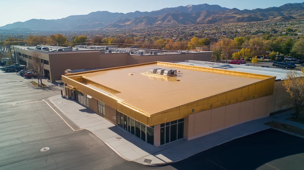 A commercial roof on a bank in a location similar to Salt Lake City with a solid gold aesthetic (AI image)