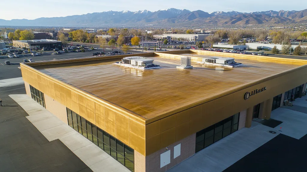 A commercial roof on a bank in a location similar to Salt Lake City with a solid gold aesthetic (AI image)