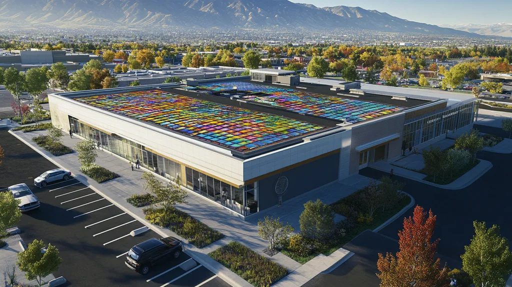 A commercial roof on a bank in a location similar to Salt Lake City with a stained glass style aesthetic (AI image)